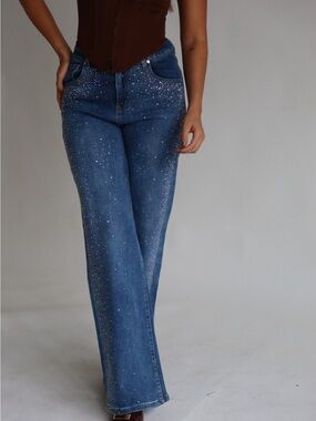 Women’s Blue Rhinestone Wide-Leg Jean